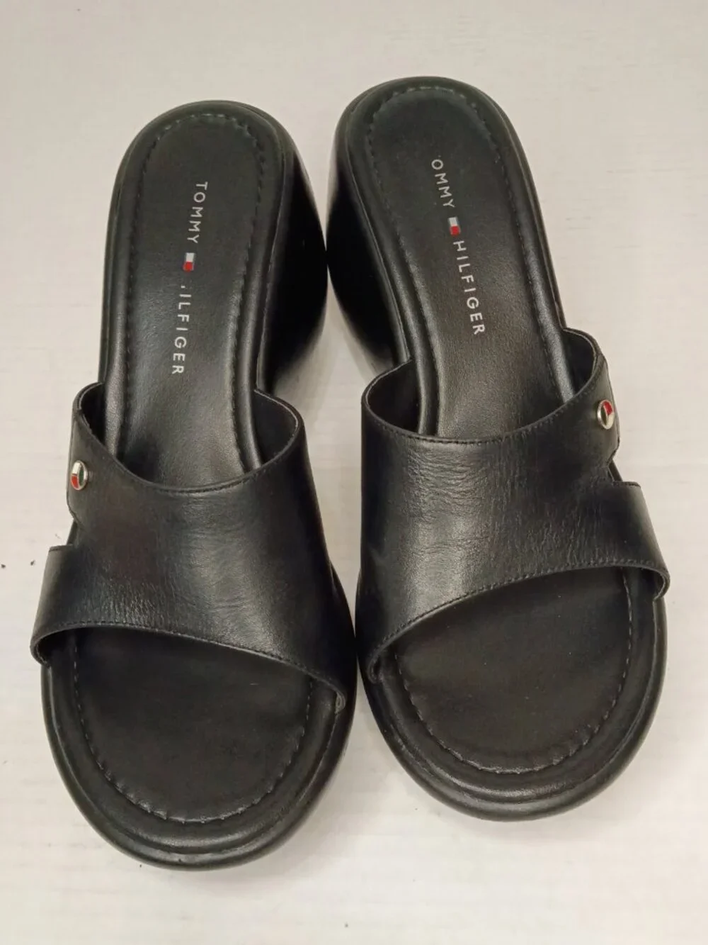 Tommy Hilfiger Black Leather Y2K Platform Wedge Slides Women’s Size 9M